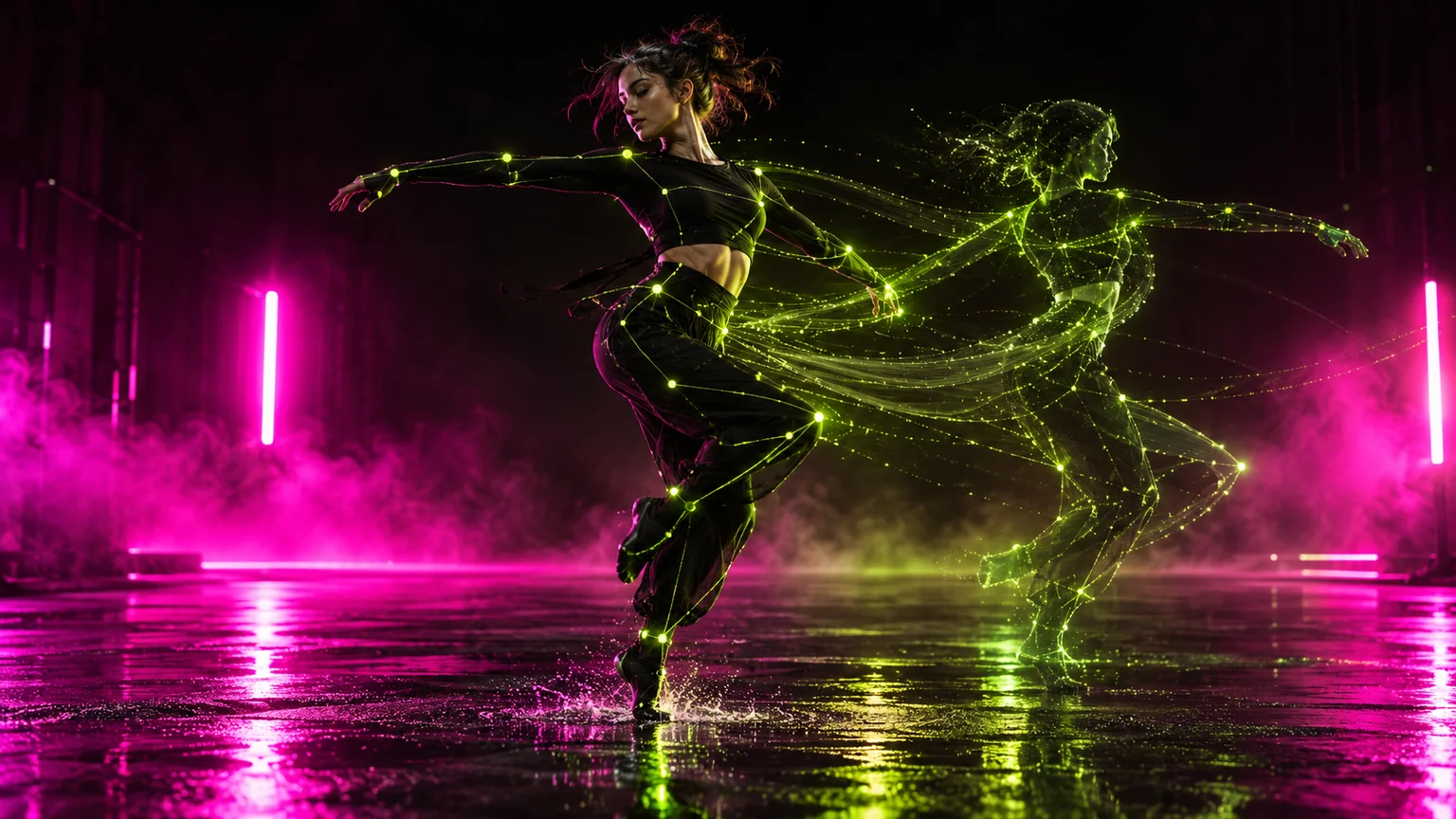 Dancer with a glowing lime motion trail