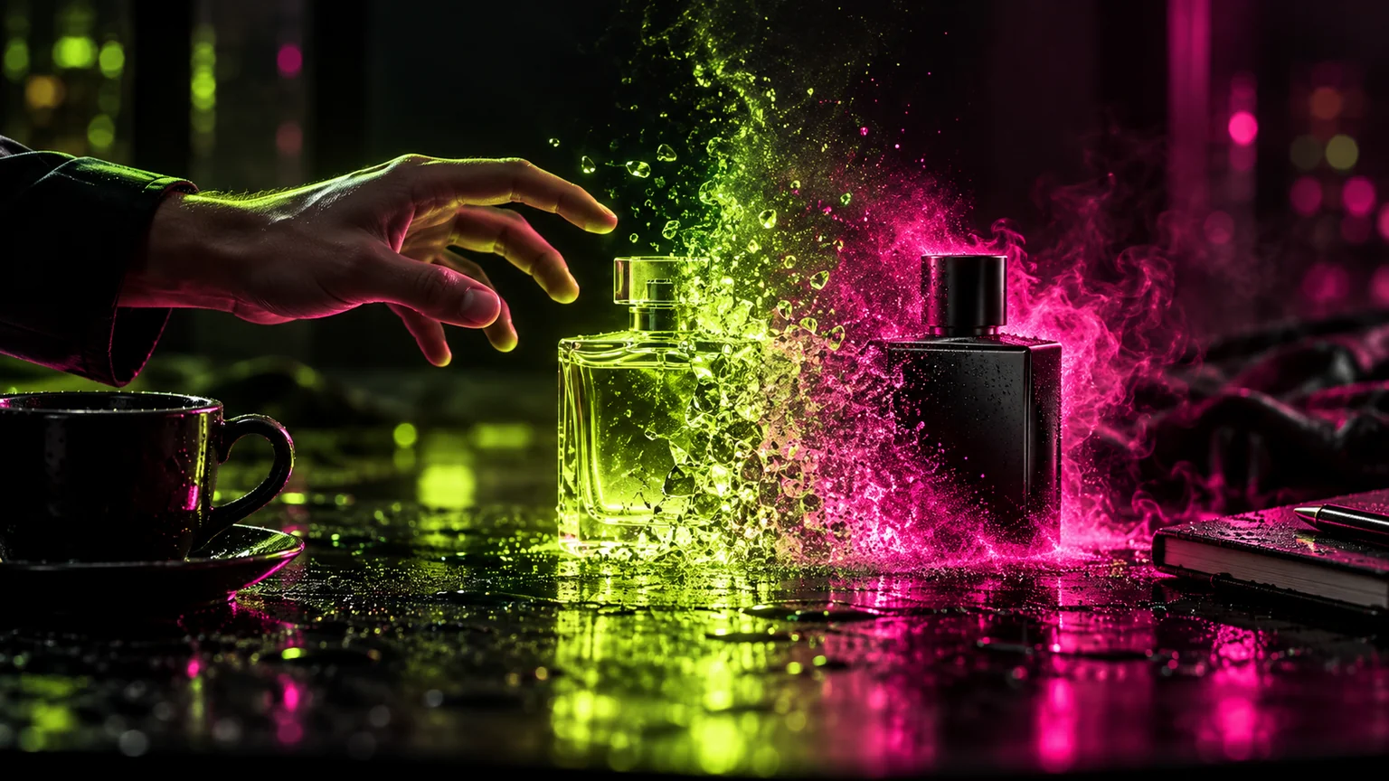 Perfume bottle transforming from lime glass into a black bottle