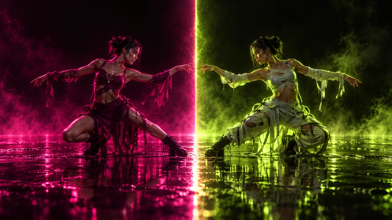 Two performers in pink and lime light