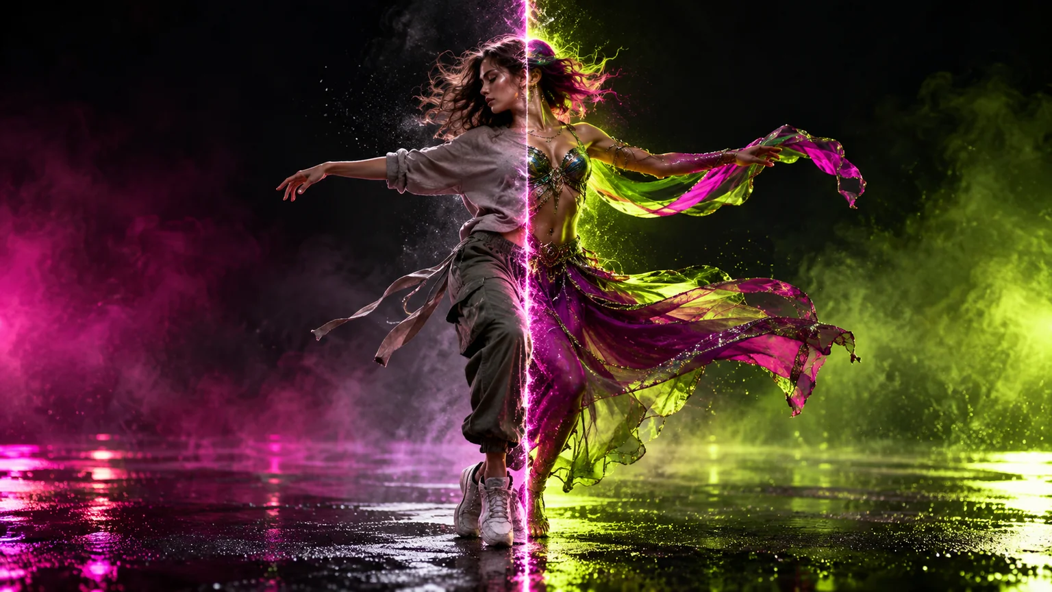 Performer split between two alternate worlds